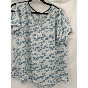 Papermoon Women's White Blue M Flutter Sleeve V-Neck Abstract Print Top
